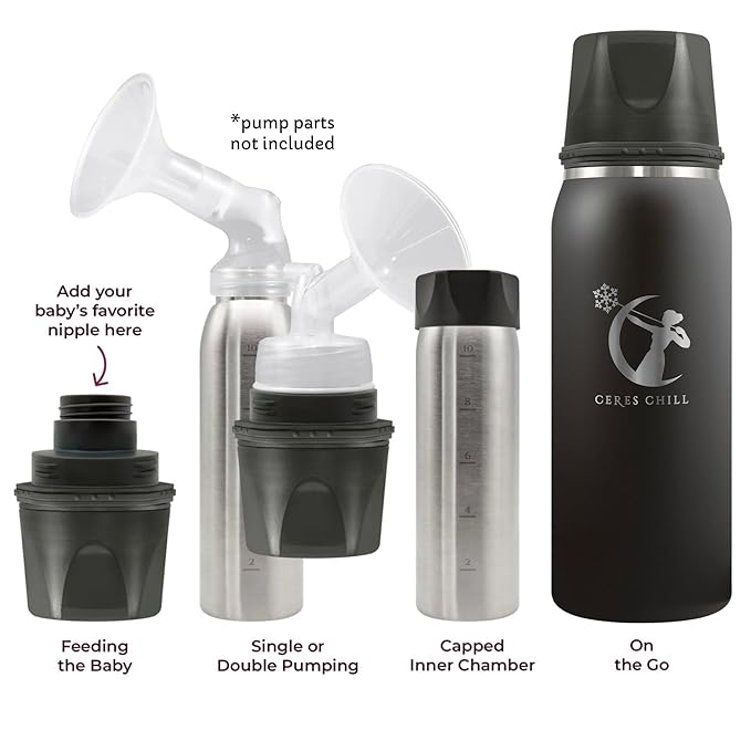 Ceres CHILL OG Breastmilk Chiller & Warmer – 12–34oz Portable Breast Milk Cooler, Storage & Baby Bottle for Travel, Work or On-The-Go – Pump Compatible Container – 0 Dark 30 Midnight Black
