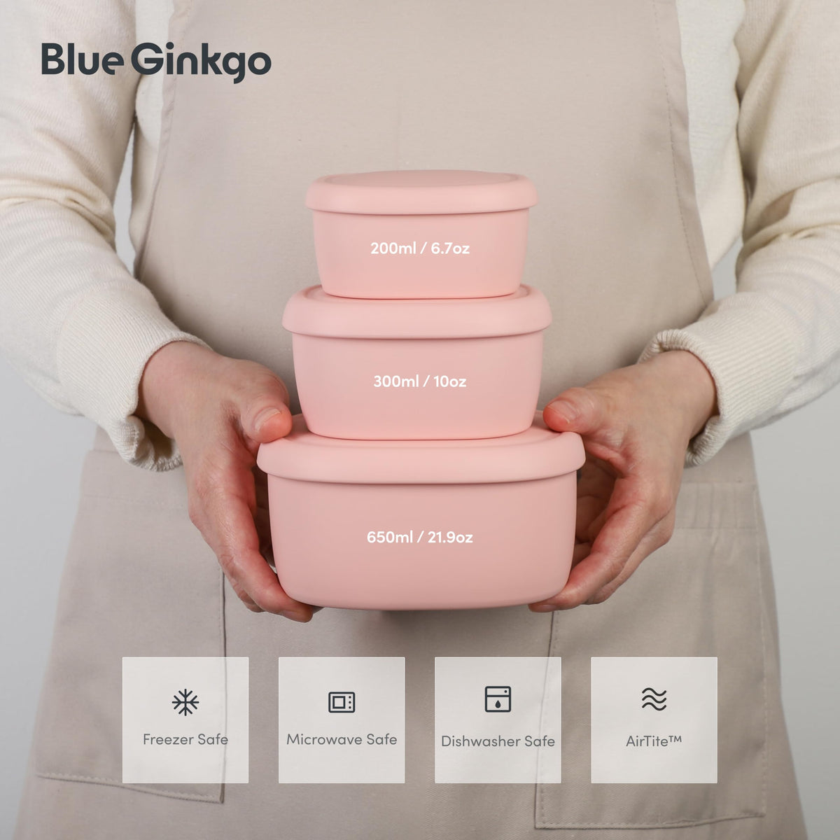 BLUE GINKGO Nesting Silicone Containers - Set of 3 Hard-Shell Silicone Food Storage Containers | BPA Free, Airtight, Dishwasher and Freezer Safe (6.7oz, 10oz, 20oz) - Red