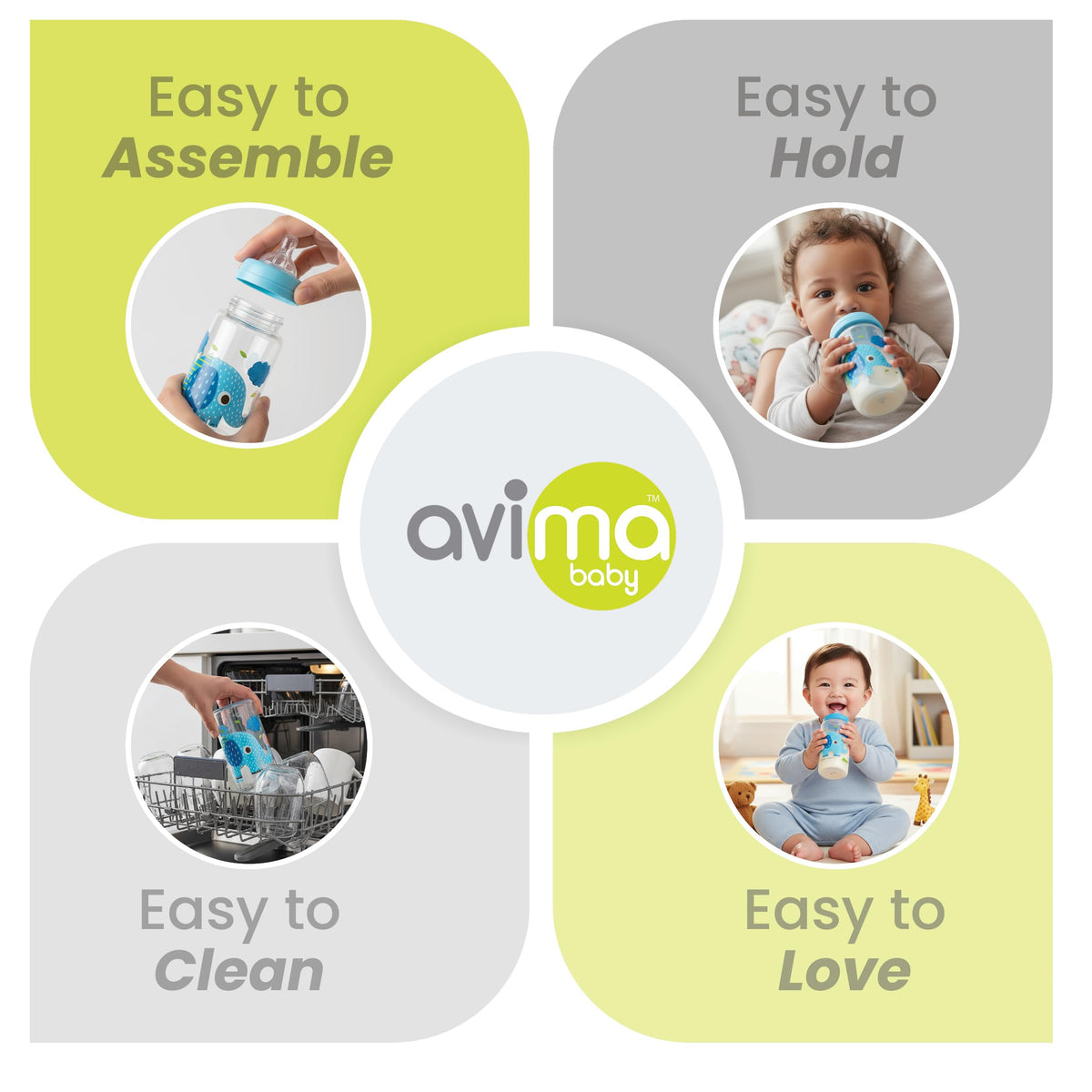 Avima 9 oz Anti Colic Baby Bottles w Medium Flow Nipples, 4-7M (Set of 3)