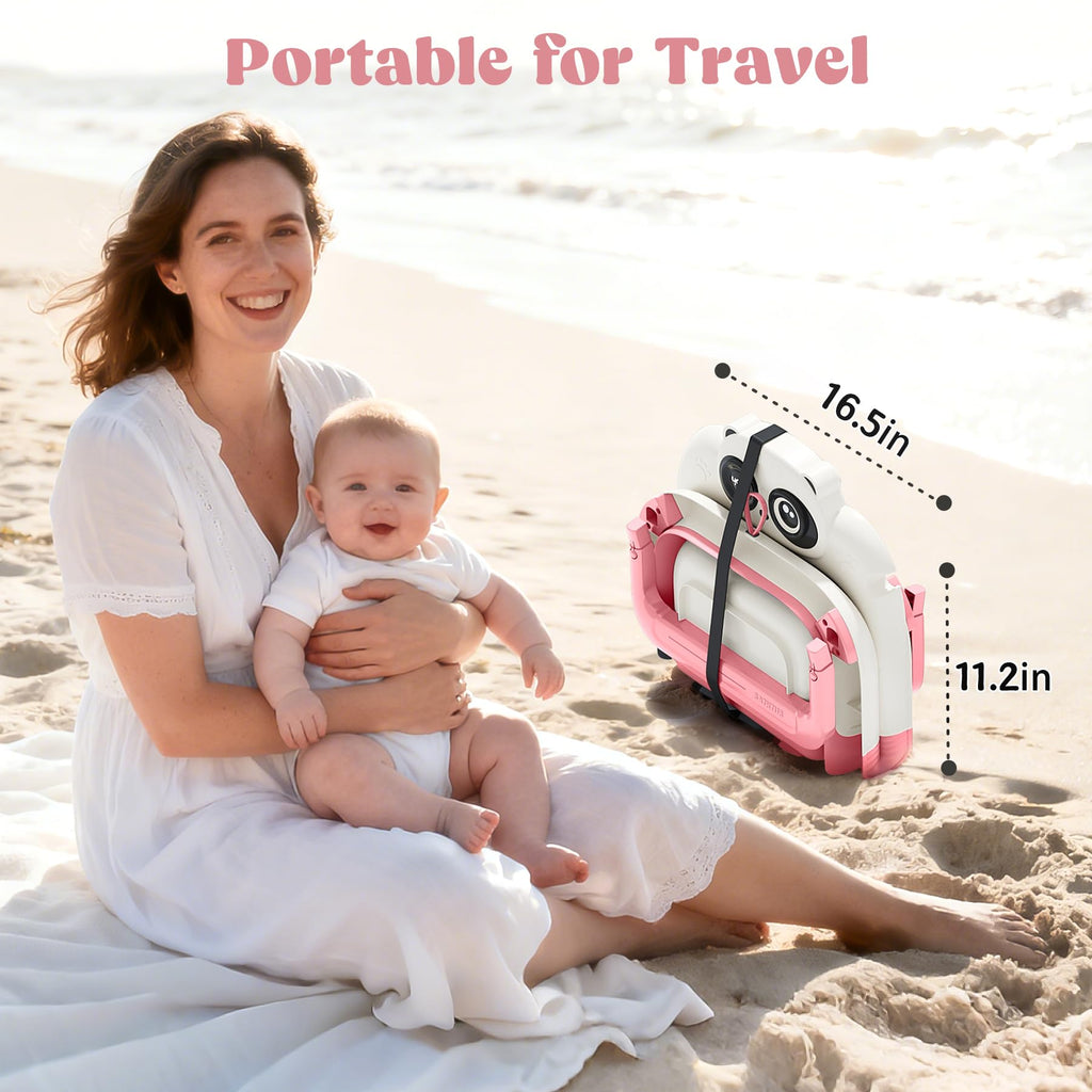 WXXM Foldable Baby Bathtub - 0-24M, Thermometer, Soft Cushion (Pink)