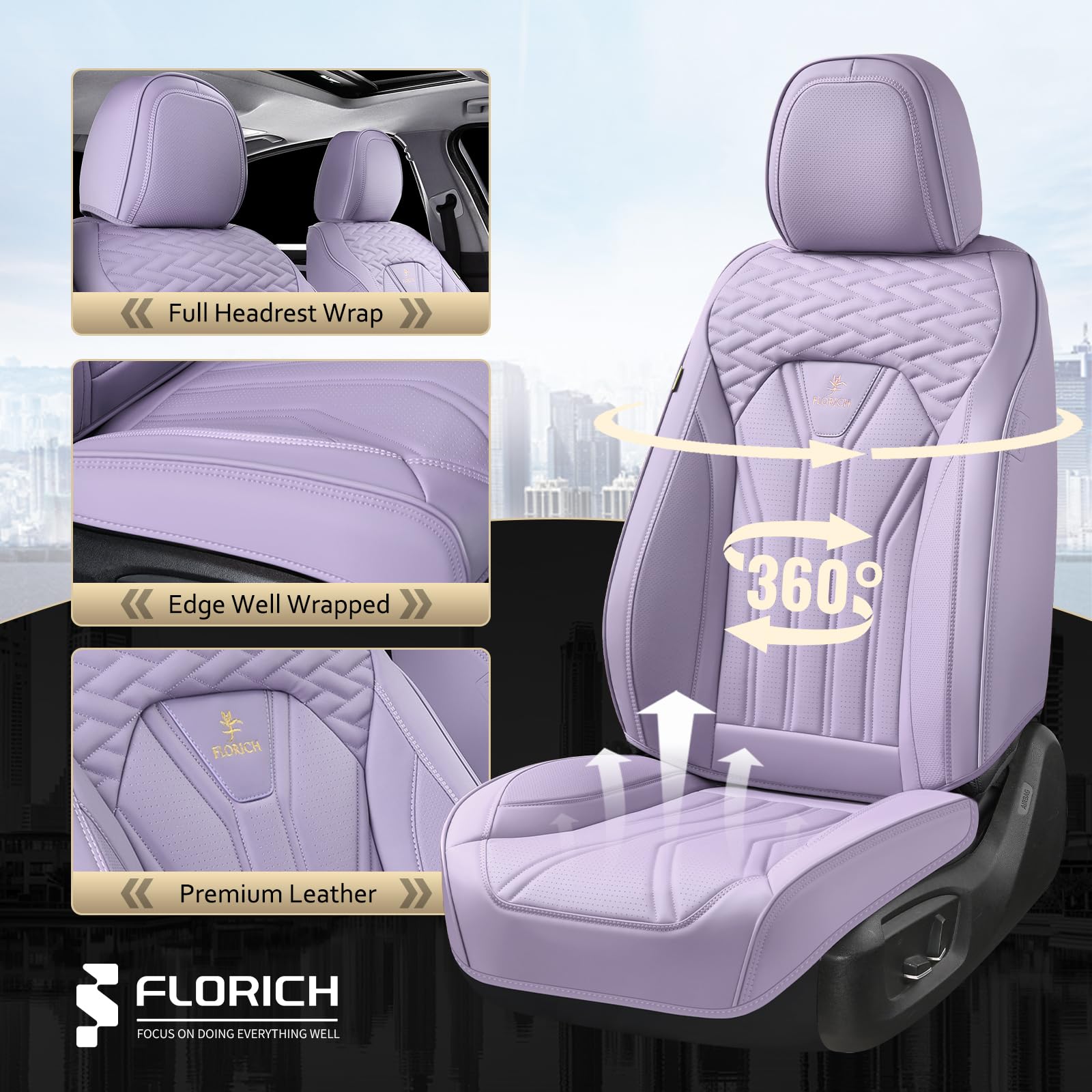 FLORICH Car Seat Covers, Leather Front Seat Cover, Purple Waterproof Seat Covers, Automotive Seat Cover 2 Pack, Luxury Universal Seat Cushion Car Seat Protector Fit for Most Cars Trucks SUVs