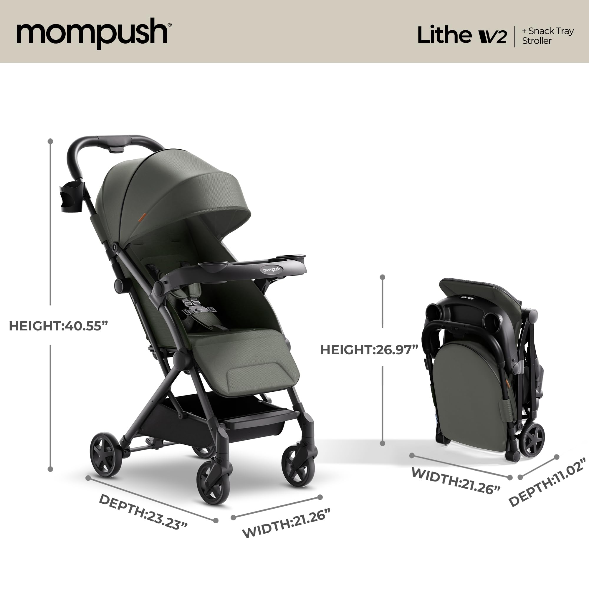 Mompush Lithe V2 Lightweight Travel Stroller with Organizer Included