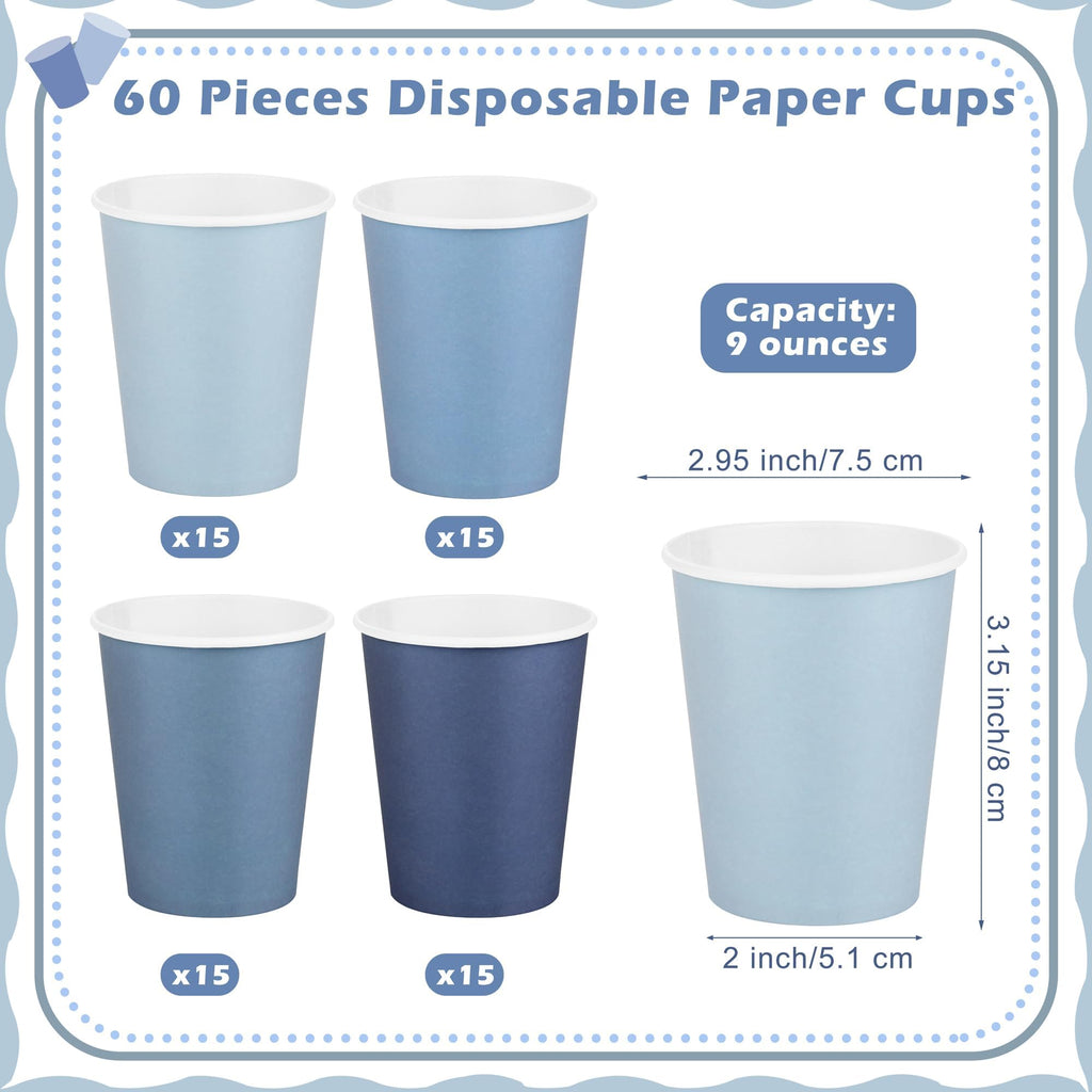 URATOT 60 Pieces 9 Ounce Disposable Paper Cups Gradient Blue Party Cups Drinking Cups for Party, DIY, and Holiday, 4 Colors