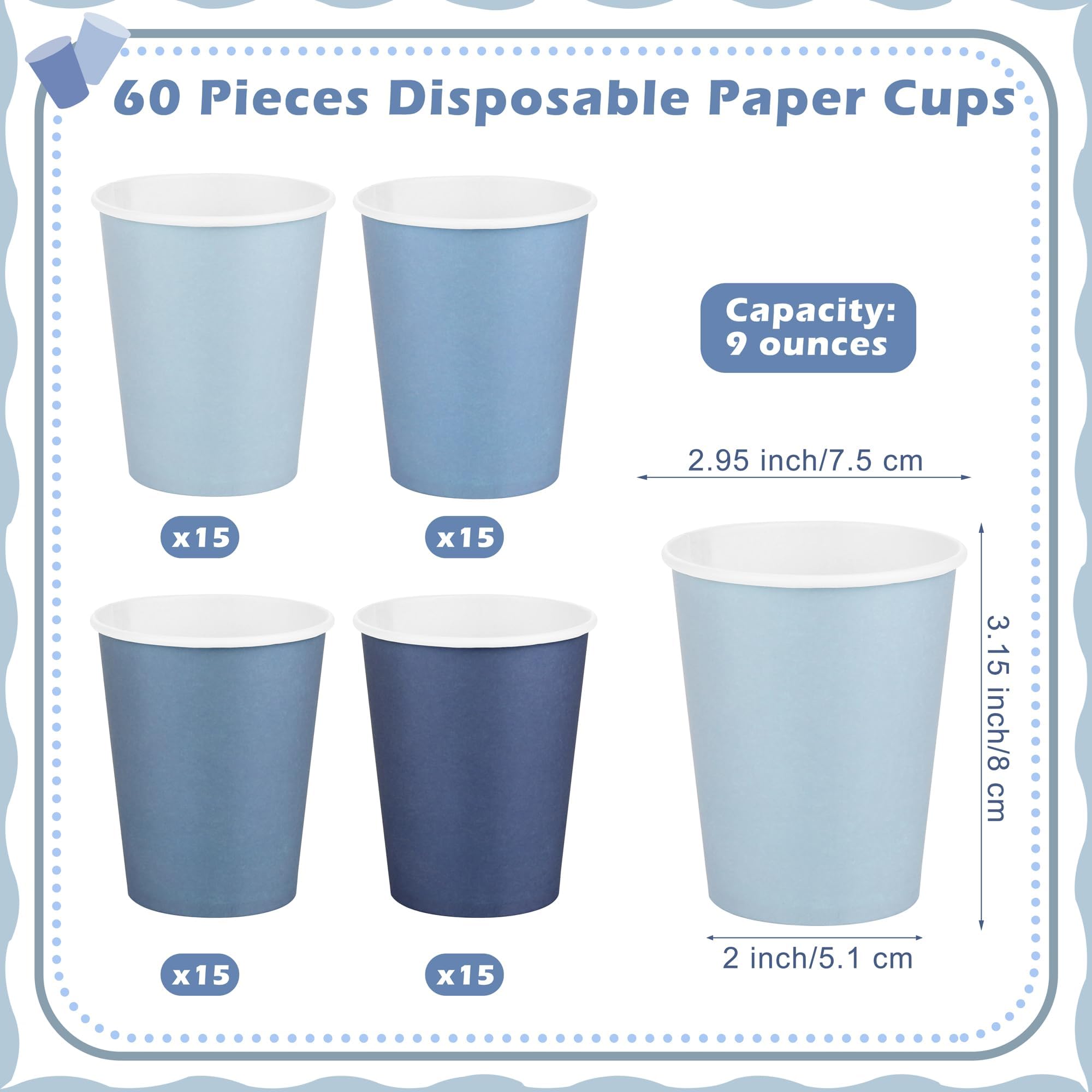 URATOT 60 Pieces 9 Ounce Disposable Paper Cups Gradient Blue Party Cups Drinking Cups for Party, DIY, and Holiday, 4 Colors