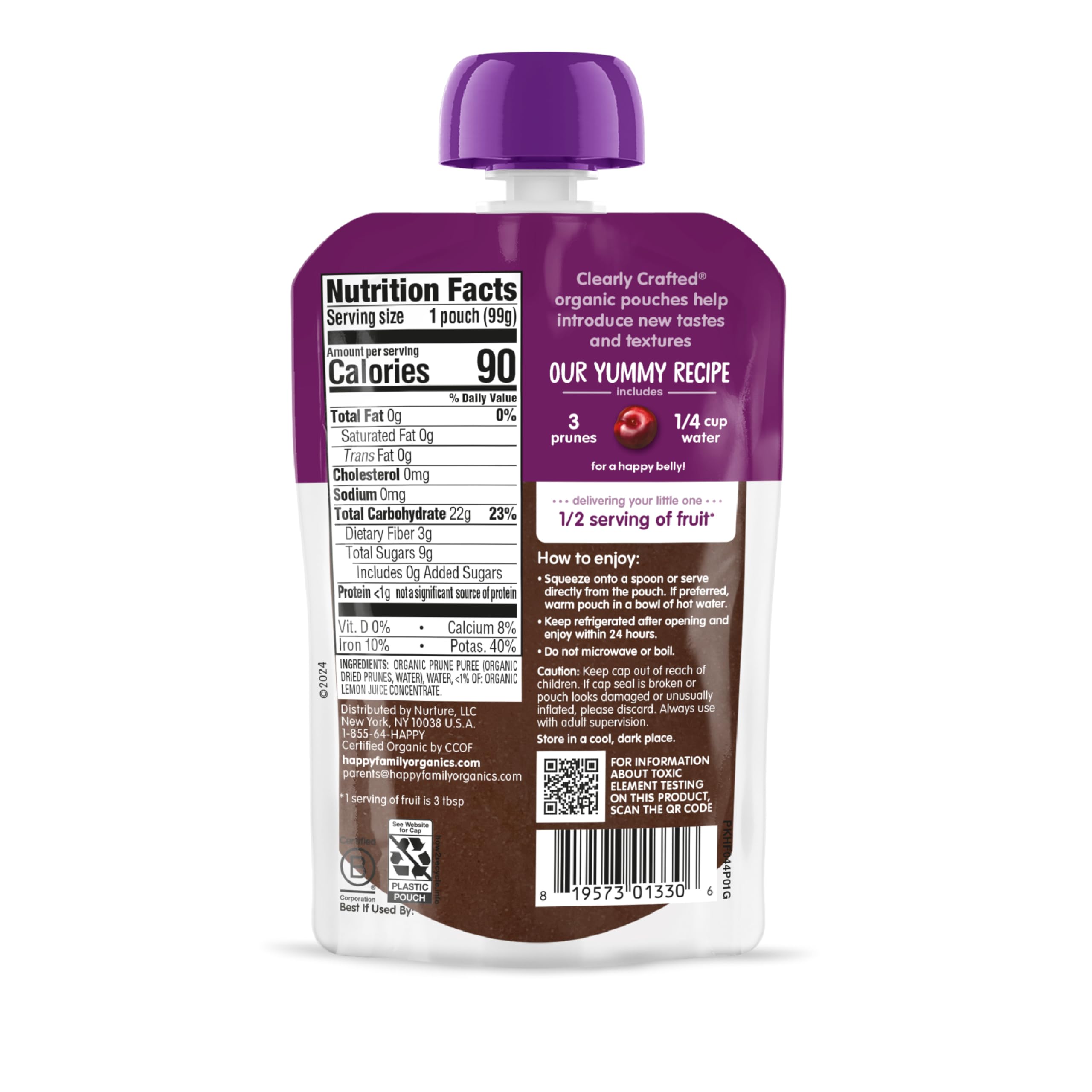 Happy Baby Organics Clearly Crafted Stage 1 Baby Food Pouches, Prunes, 3.5 Ounce Pouch (Pack of 16)