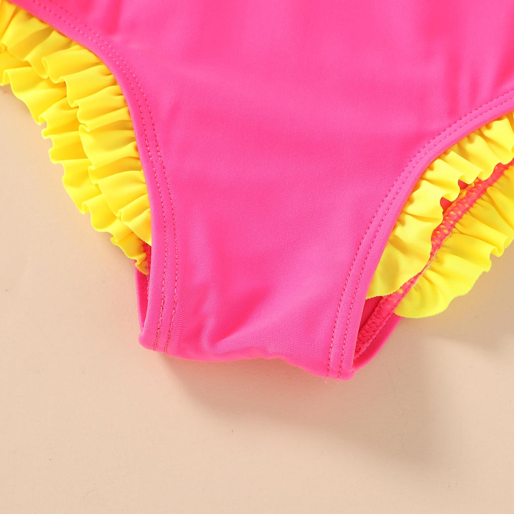 YOUNGER TREE Toddler Swimsuit Girl Cute Stripe One-Piece Ruffle Swimwear Baby Girl Bathing Suits with Bow(4-5T,Hot Pink and Yellow Bow)