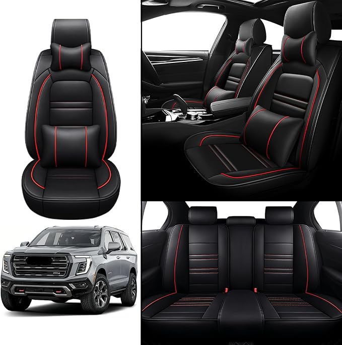 Car Seat Covers for gmc Yukon 2000-2025 | 5-Seats Seat Covers, Waterproof Seat Protectors, Automotive Seat Covers (Full Set with Pillow,Black&Red Line)