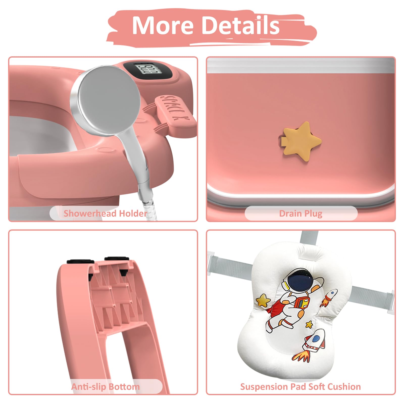 Collapsible Baby Bathtub for Newborn to Toddler (0-24 Months), Portable Baby Bath Tub for Travel, Newborn Bathtub with Soft and Supportive Cushion (Astronaut-Pink)