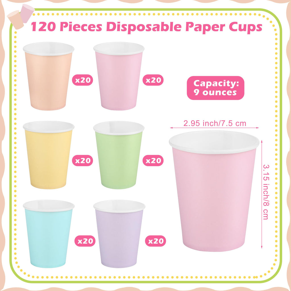 URATOT 120 Pieces 9 Ounce Disposable Paper Cups Pastel Rainbow Party Cups Drinking Cups for Party, DIY and Holiday, 6 Colors