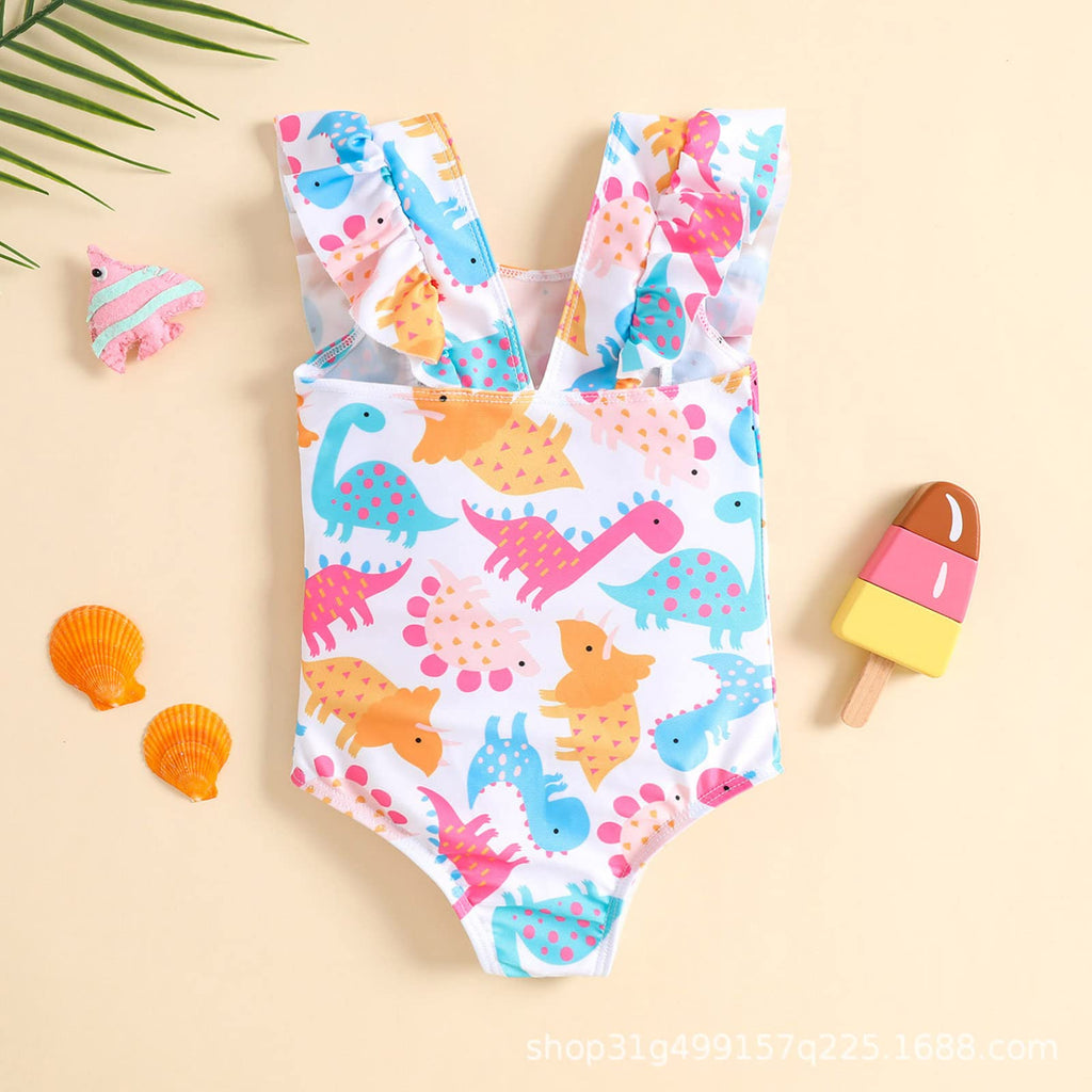 Happy Town One-Piece Infant Toddler Baby Girl Summer Swimsuit Watermelon Leopard Ruffle Swimwear Bikini Bathing Suit (Dinosaur, 2-3 Years)