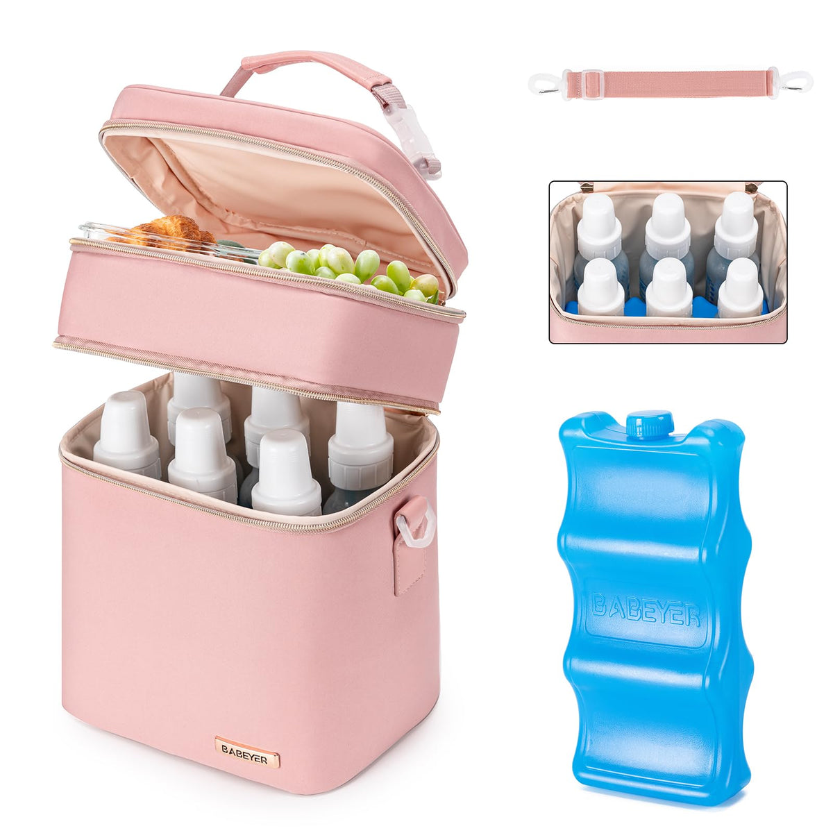 BABEYER Insulated Breastmilk Cooler Bag with Ice Pack - Holds 6x9oz Bottles, Leakproof Double Layer, Baby Bottle Cooler Bag with Adjustable Strap for Nursing Moms, Daycare & Travel