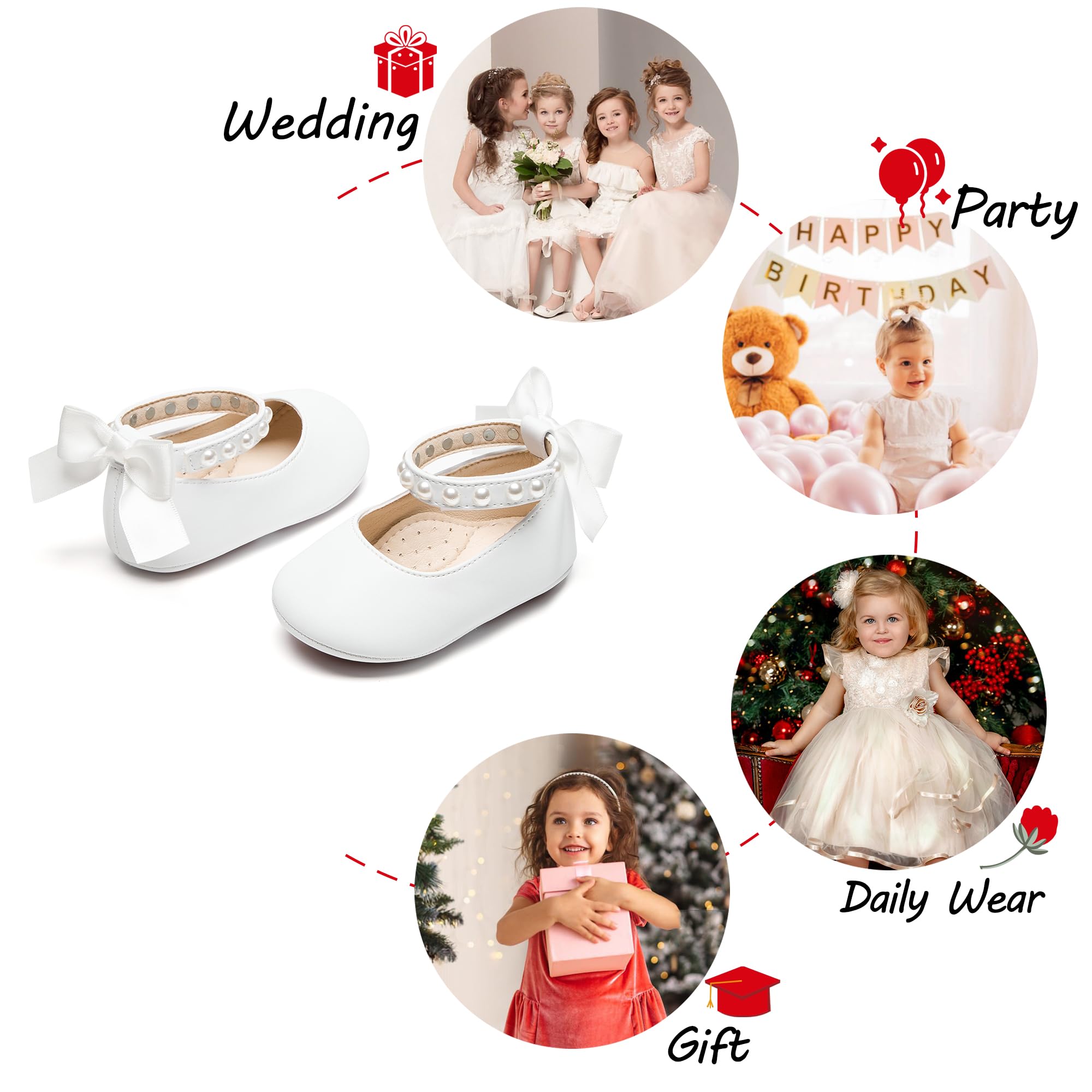 PHIRAMIN Baby Girls White Mary Jane Flats - Infant 6-9 Months Walking Shoes Soft Rubber Sole Princess Wedding