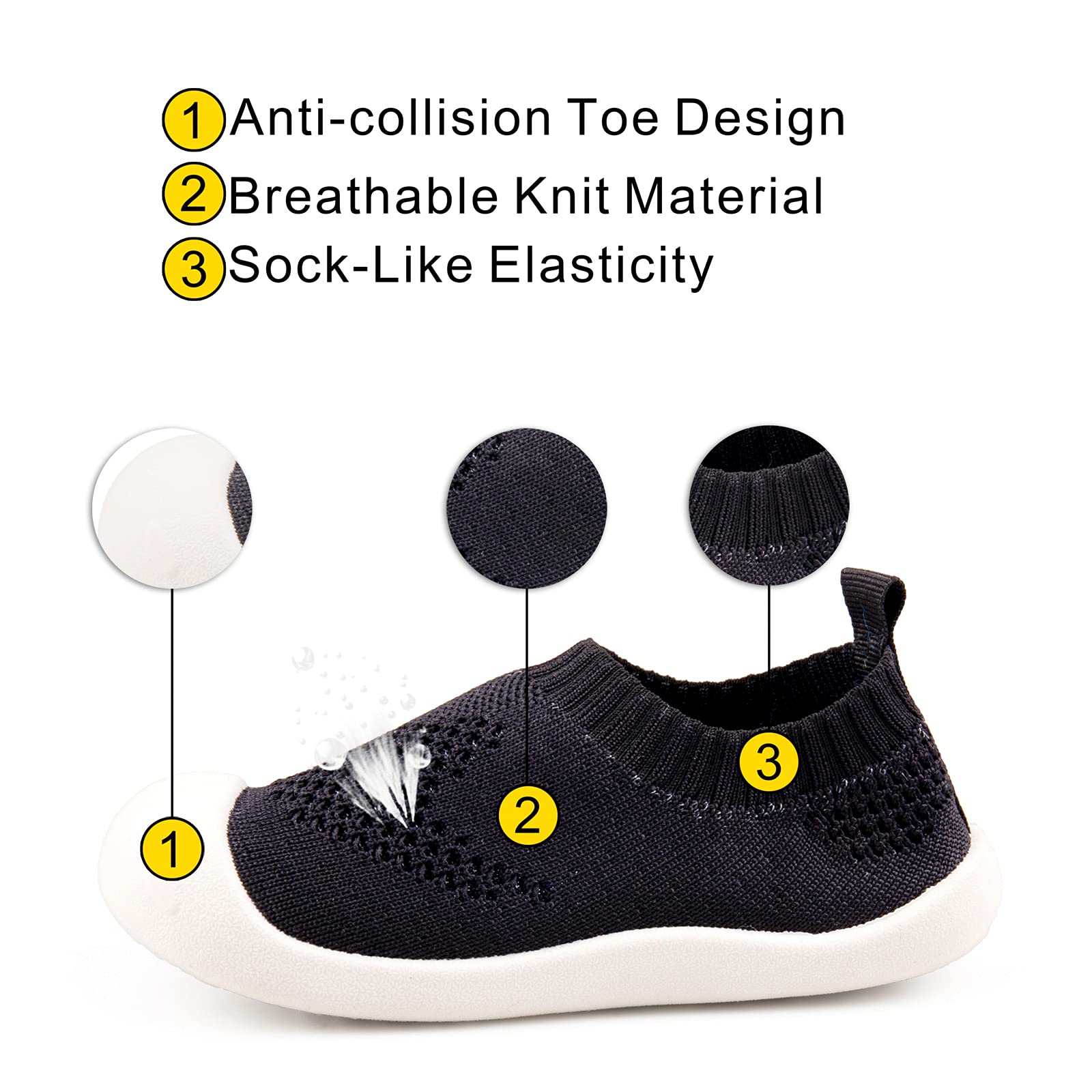 Charrost Toddler Walking Shoes 1-4 Years | Non-Slip Lightweight Sneakers for Boys & Girls with Wide Toe Box | Barefoot Slip-On Design for Indoor/Outdoor Black 6-12 Months Size 3T