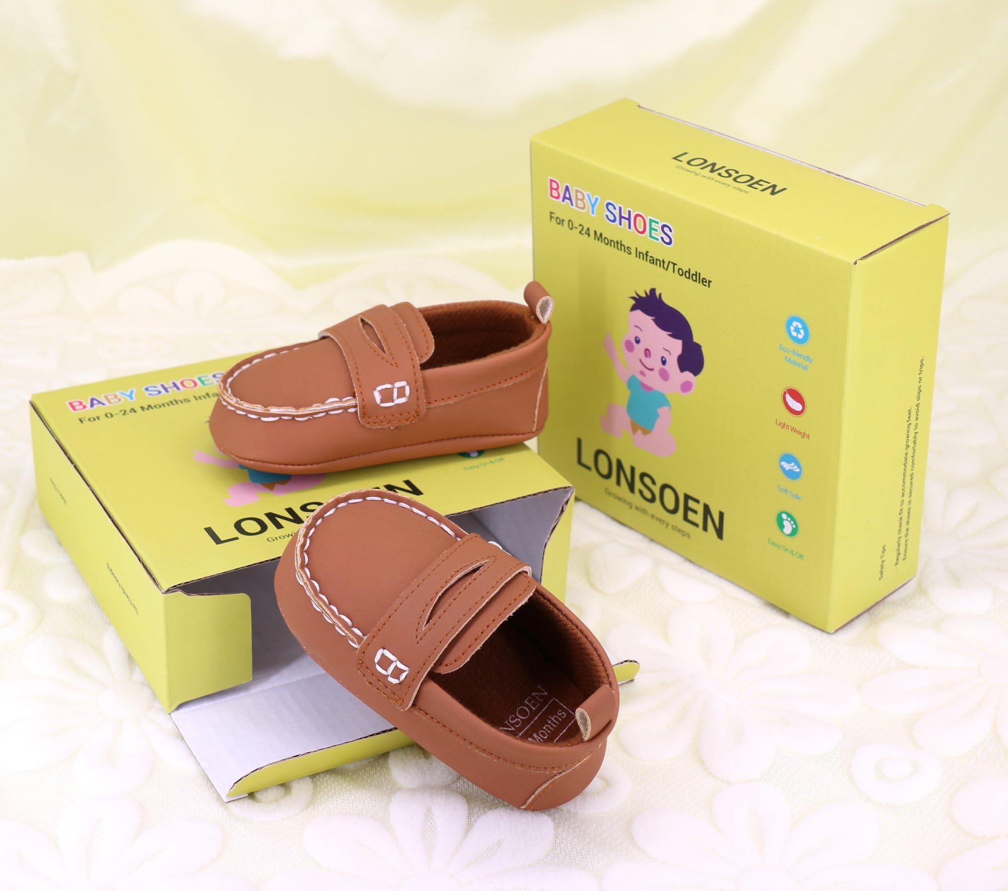 LONSOEN Baby Boys Girls Penny Loafers Infant Toddler Moccasins Soft Soles Dress Shoes with Box, BAY233 Brown 6-12months CN12