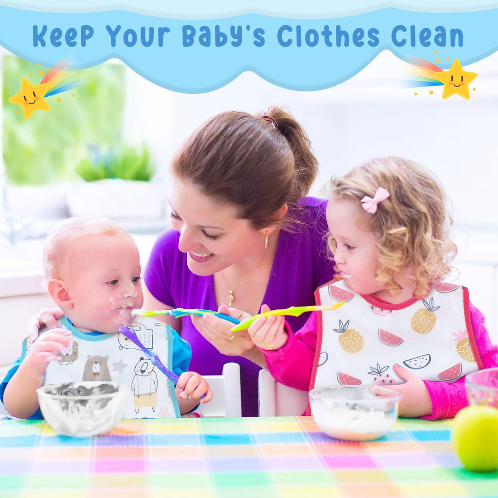 Jeyiour 12 Pcs Baby Waterproof Bibs with Food Catcher Adjustable Snaps Plastic Feeding Bibs for Toddlers, 6 to 36 Months