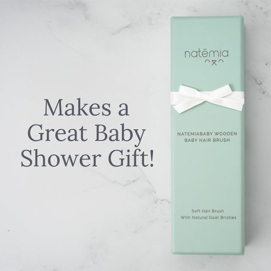 Natemia Wooden Baby Hair Brush - Natural Goat Hair Bristles - Gentle Soft Bristles for Scalp Massage - Cradle Cap Comb for Flake Removal - For Baby Grooming Kit & Toddler Hair Brush