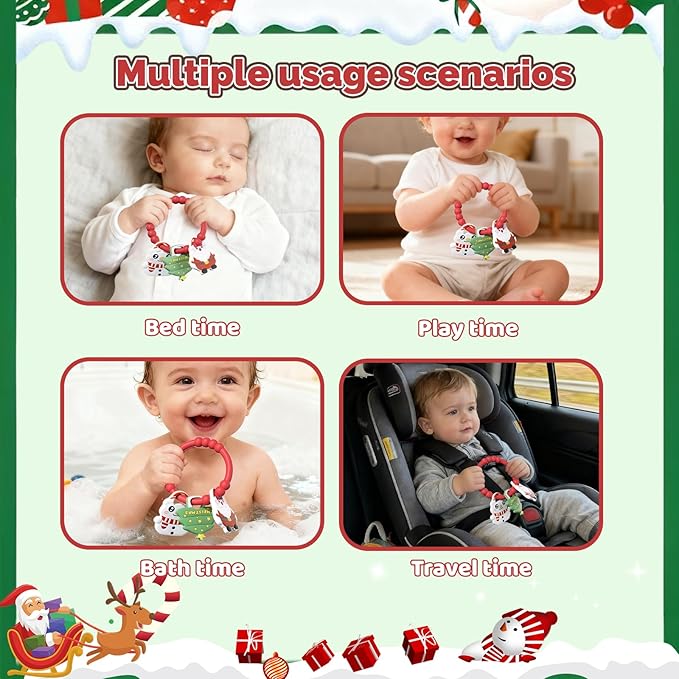 Christmas Baby Teething Ring with 3pcs Teether-Soft Santa Claus, Snowman & Tree, Textured Silicone Teether for 0-12months, Baby Sensory Chew Bracelet for Baby’s First Christmas