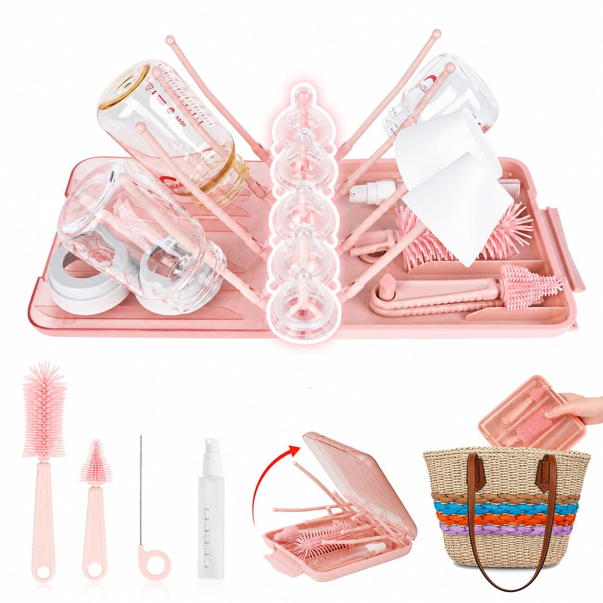 Travel Bottle Cleaner Kit, 6-in-1 Baby Bottle Brush Set with Silicone Brush