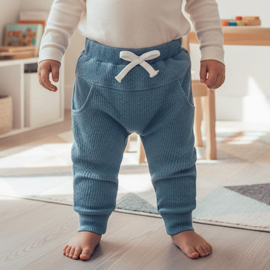 Sejardin Toddler Baby Boy Girl Pants 3 Pack Solid Color Elastic Waist Jogger Sweatpants Newborn Infant Casual Bottoms (Waffle Gray Blue Brown, 12-18 Months)