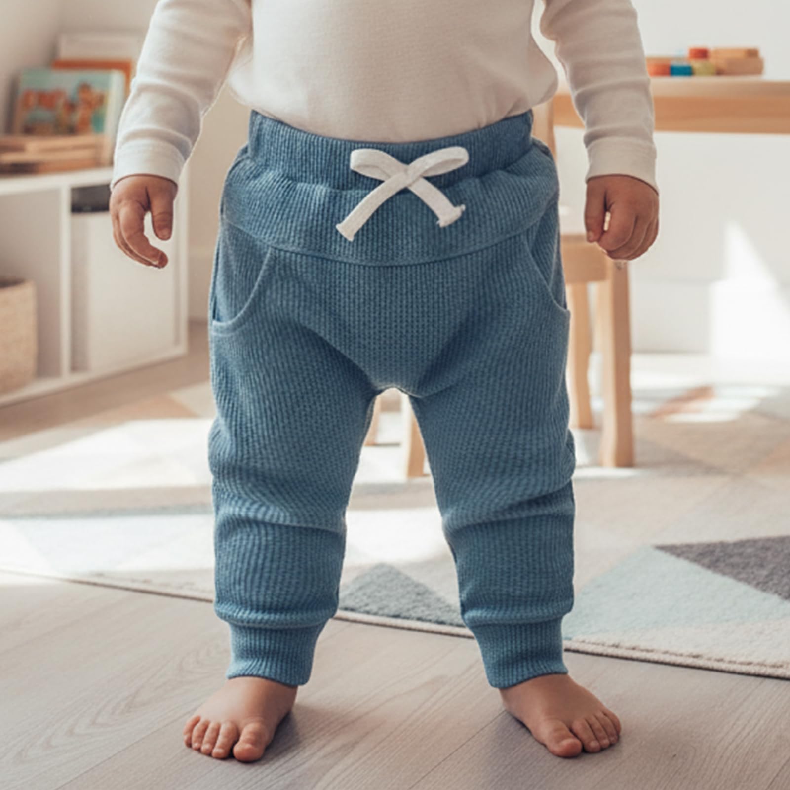 Sejardin Toddler Baby Boy Girl Pants 3 Pack Solid Color Elastic Waist Jogger Sweatpants Newborn Infant Casual Bottoms (Waffle Gray Blue Brown, 12-18 Months)
