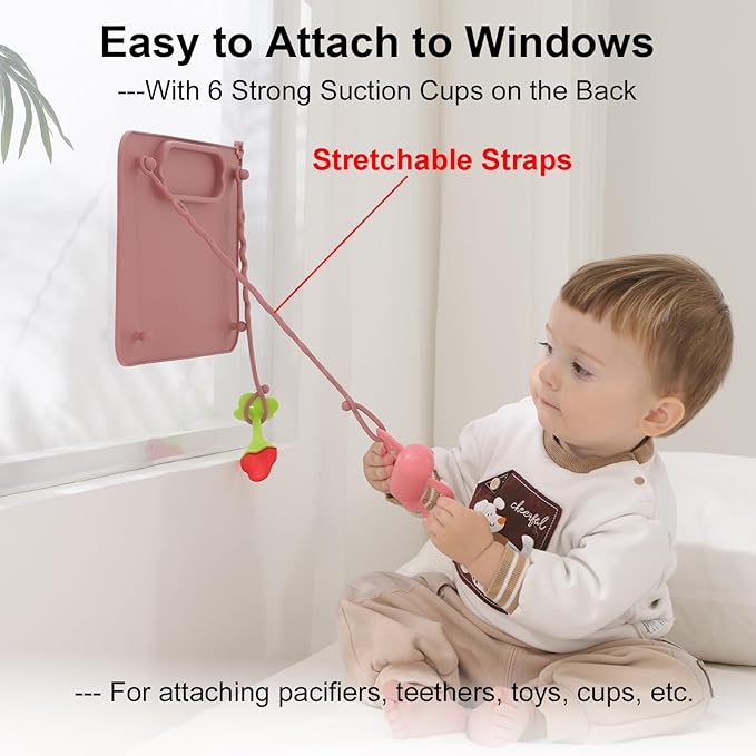2 Pack Baby Silicone Mat, with Suction Base and 8 Stretchable Straps, Seposeve Baby Placemats, Activity Mat for Infants to Toddlers, Keeps Babies Essentials Off The Floor, Purple Pink