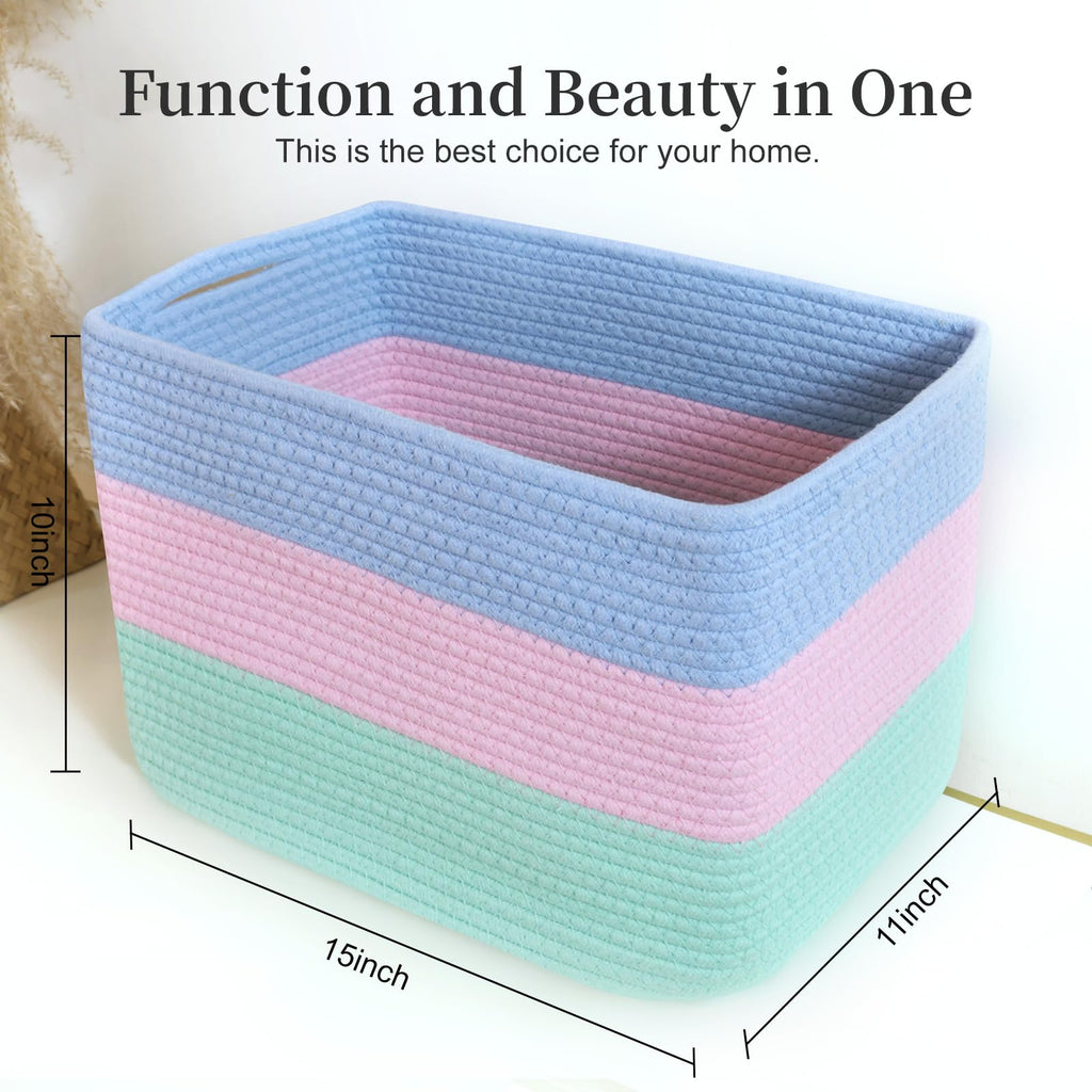 Hopegiver 1 Pack Rainbow Woven Storage Baskets for Shelves, 15x11x10 Inch Cotton Rope Decorative Organizer Bins for Blanket Clothes Book Baby Pet, Colorful Toy Basket for Playroom, Kids Room, Nursery