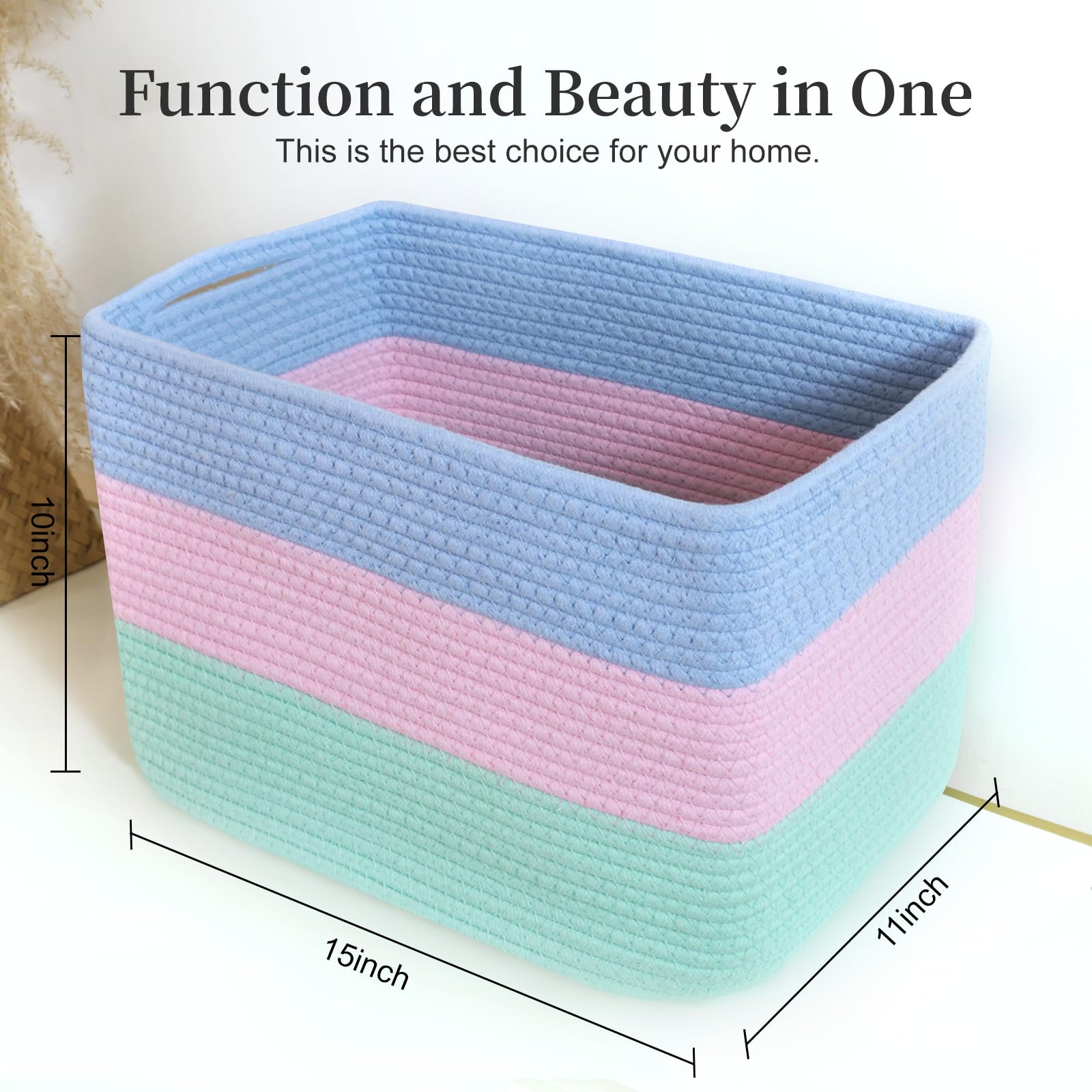 Hopegiver 1 Pack Rainbow Woven Storage Baskets for Shelves, 15x11x10 Inch Cotton Rope Decorative Organizer Bins for Blanket Clothes Book Baby Pet, Colorful Toy Basket for Playroom, Kids Room, Nursery