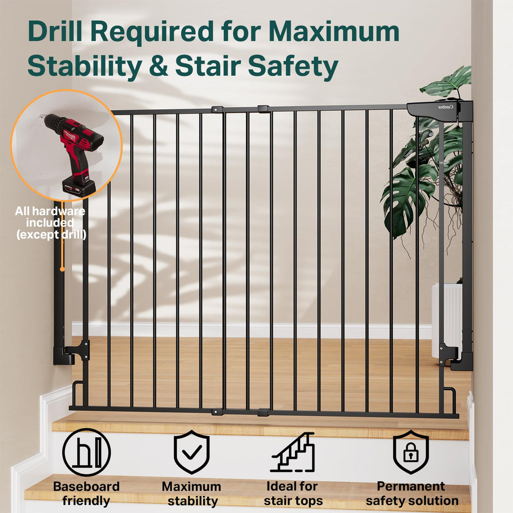 Cumbor 34" Extra Tall No Bottom Bar Baby Gate for Stairs, Hardware Mounted Dog Gate Indoor for Larger Pets, Expandable 31.6-48" Safety Gate for Doorways, Wide Walk Thru Door for Easy Access (Black)