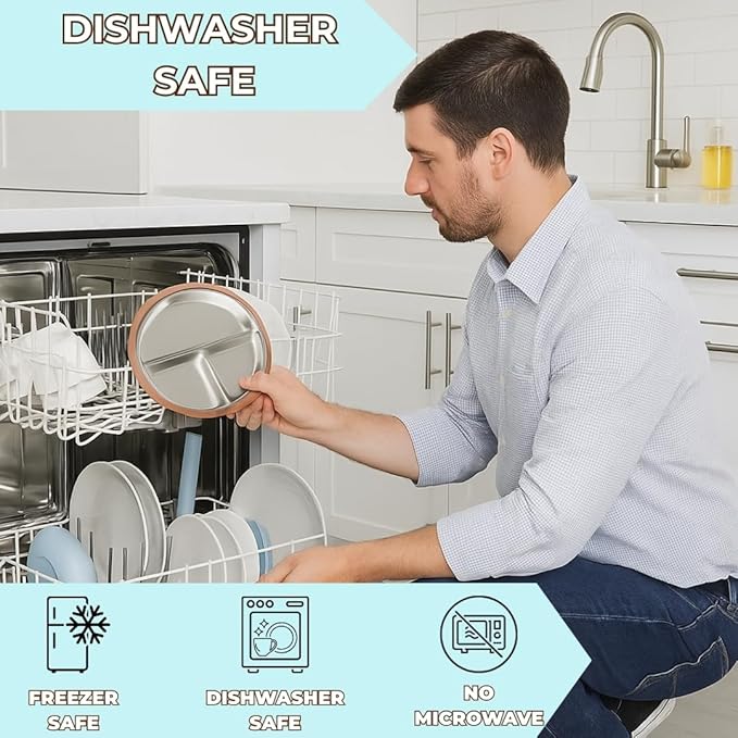 Stainless Steel Toddler Plate with Suction Set of 2, 8” Divided Plates with Removable Silicone Sleeves for Kids, Non Toxic & BPA Free | Non Slip | Unbreakable Baby Dishes, (Butter Yellow & Baby Blue)