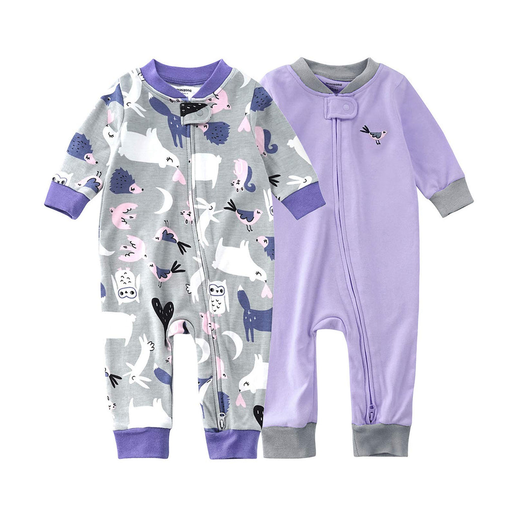 Teach Leanbh Baby 2-Pack Footless Pajamas Cotton Long Sleeve Printing 2 Way Zipper Romper Jumpsuit Sleep and Play 3-24 Months (6-12 Months, Bird)