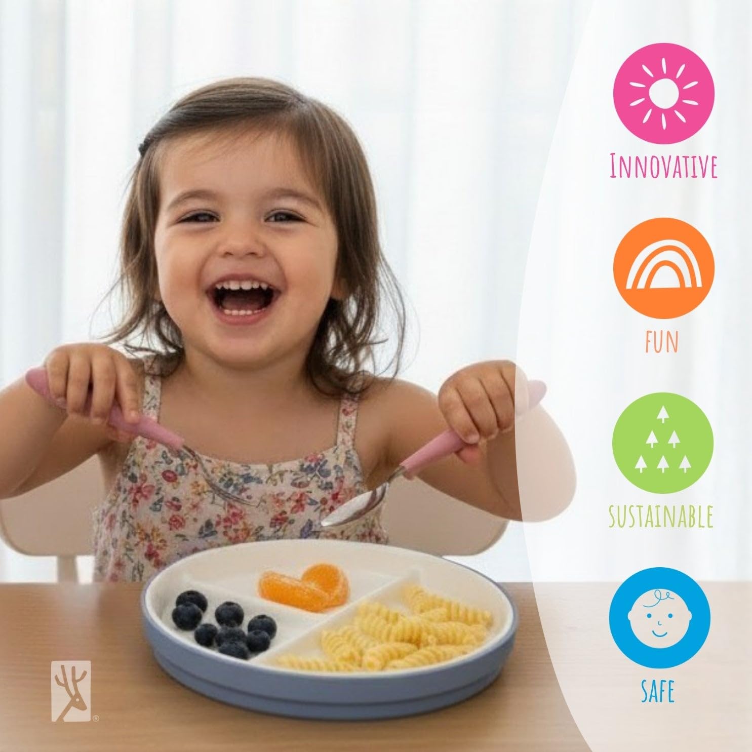 Elk and Friends Kids 6.7” Porcelain Divided Plates with Silicone Sleeves | Suitable for Babies/Kids/Toddlers | Microwave & Dishwasher Safe | Non Slip | Snack Dishes