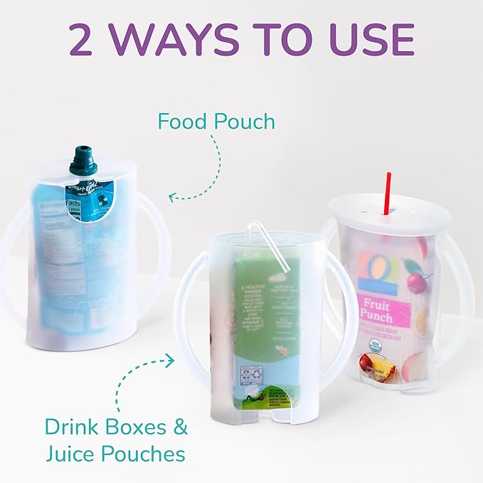 Flipping Holder with lid for Food Pouches & Juice Boxes - Multipurpose Design - Prevent Messes & Support Self-Feeding - Handles for Easy Grasping - Made in USA