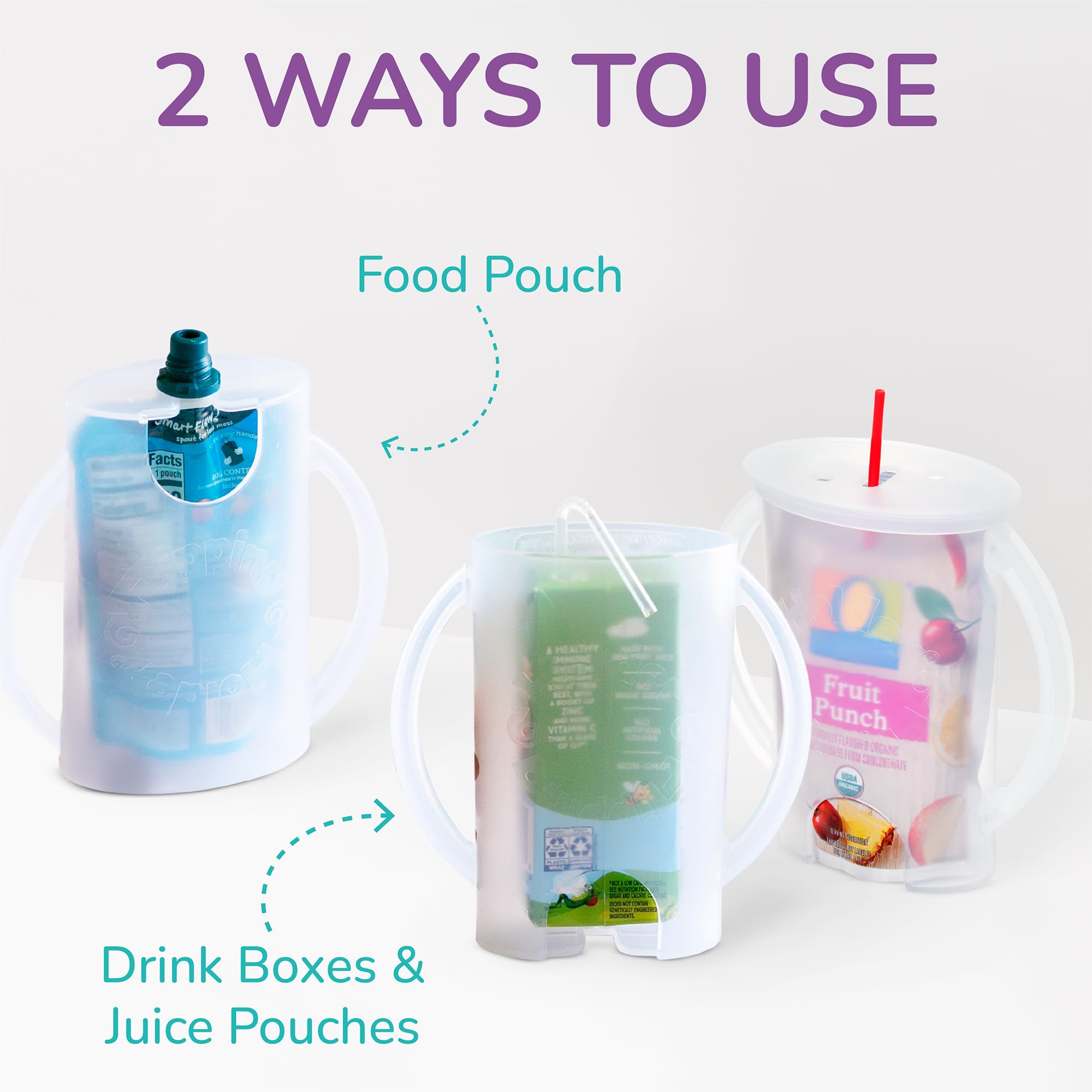 Flipping Holder Squeeze Proof Food Pouch Holder for Toddlers, Babies, Kids, Mess Free No Squeeze Juice Box Drink and Applesauce Snack Holder with Easy Grip Handles and Lid