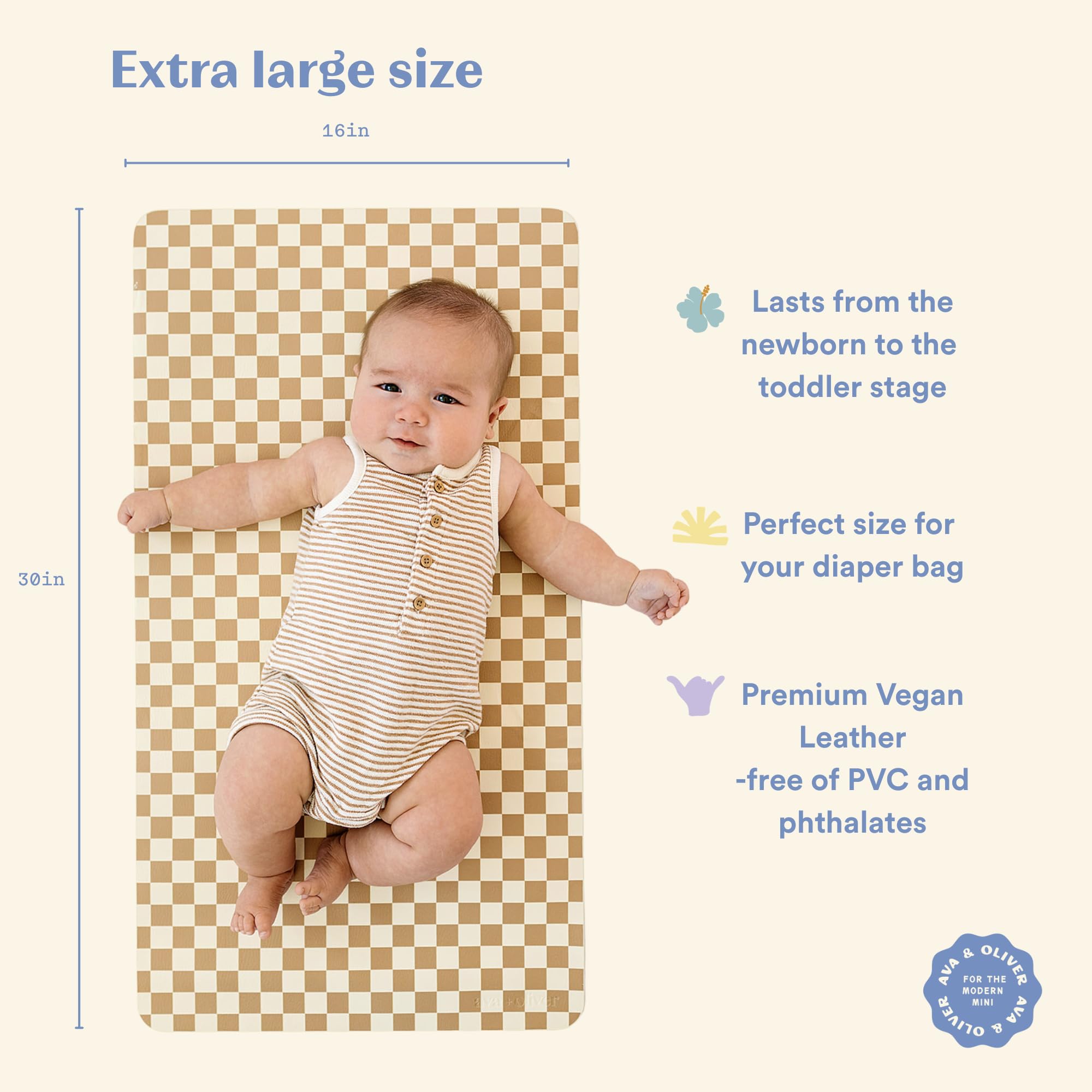 Vegan Leather Baby Changing Mat 16x30in, Wipeable, Foldable, Mocha Checker