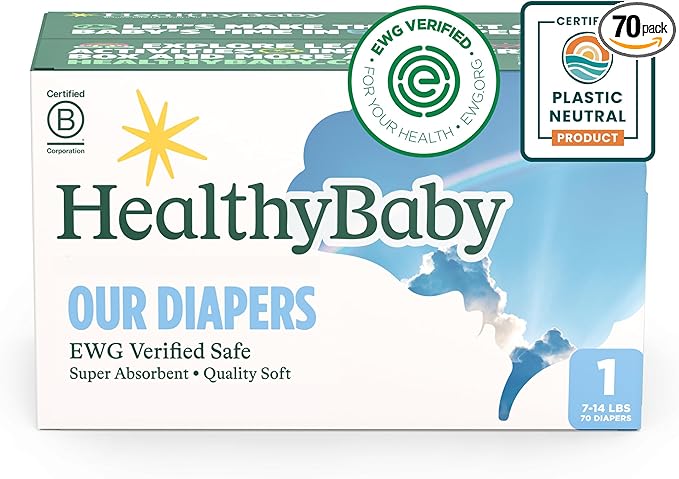 HealthyBaby Our Diapers | EWG Verified Safe & Plant-Based Diapers | Leak Protection | Soft Organic Cotton Shell | Chlorine-Free Diaper for Sensitive Skin | Size 1 (7-14lbs) 70 Count