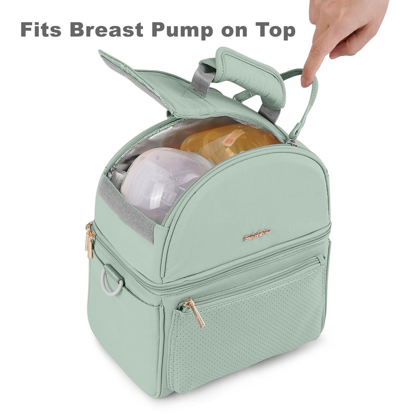SUNVENO Breast Milk Cooler Bag with Detachable Insulation Box, Double-Layer Pumping Travel Bag for Work & Daycare, Fits Bottles, Ice Packs and Pump Parts,Green
