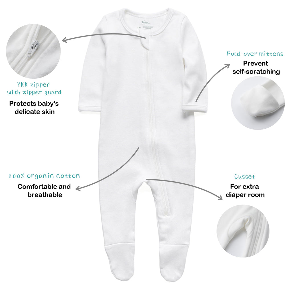 O2 BABY Baby Boys Girls Organic Cotton Zip Front Sleeper Pajamas, Footed Sleep 'n Play （Newborn, Ivory）
