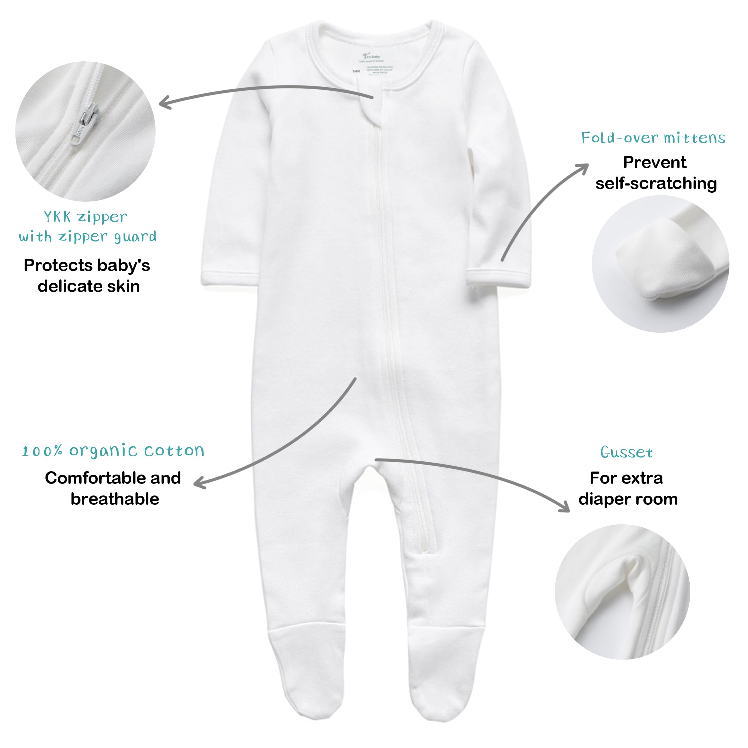 O2 BABY Baby Boys Girls Organic Cotton Zip Front Sleeper Pajamas, Footed Sleep 'n Play （Newborn, Ivory）