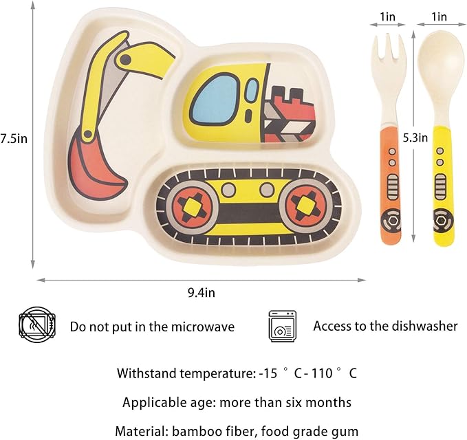Kid Plate Set Toddler Plates Dinnerware Dinner Dish Set Baby Feeding Spill Proof Divided Plate - Baby Spoon and fork 3-Piece Set Teaches Child Portion Control (excavator/crane)