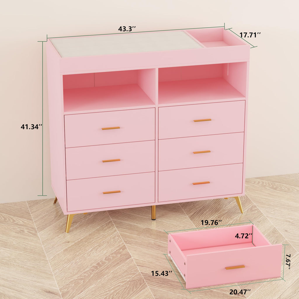 GarveeHome Dresser for Bedroom with 6 Drawers, Baby Changing Table Dresser with Changing Pad, LED Lights & Charging Station, Baby Changing Station with Changing Table Top (Pink)