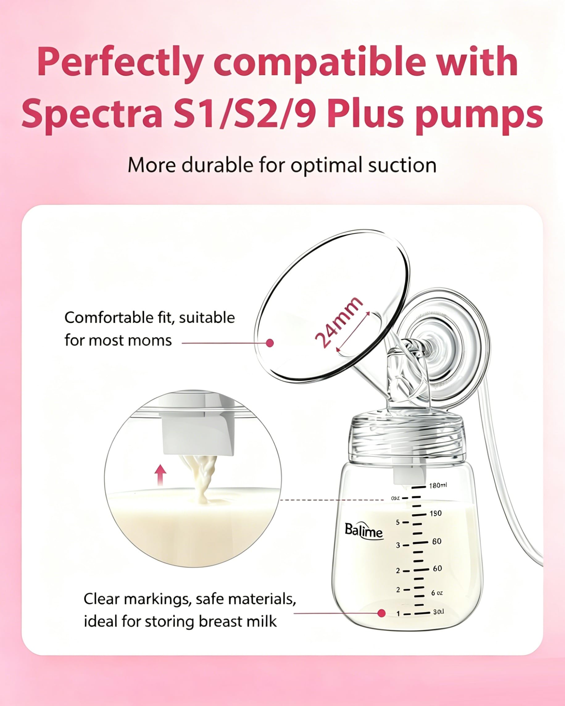 BALIME Pump Parts Compatible with Spectra S1/S2/9 Plus, Not Original Accessories, Full Set Replacements Include 23mm Flanges, Valves, Backflow Protectors (Duckbills Included), Tubings and Bottles