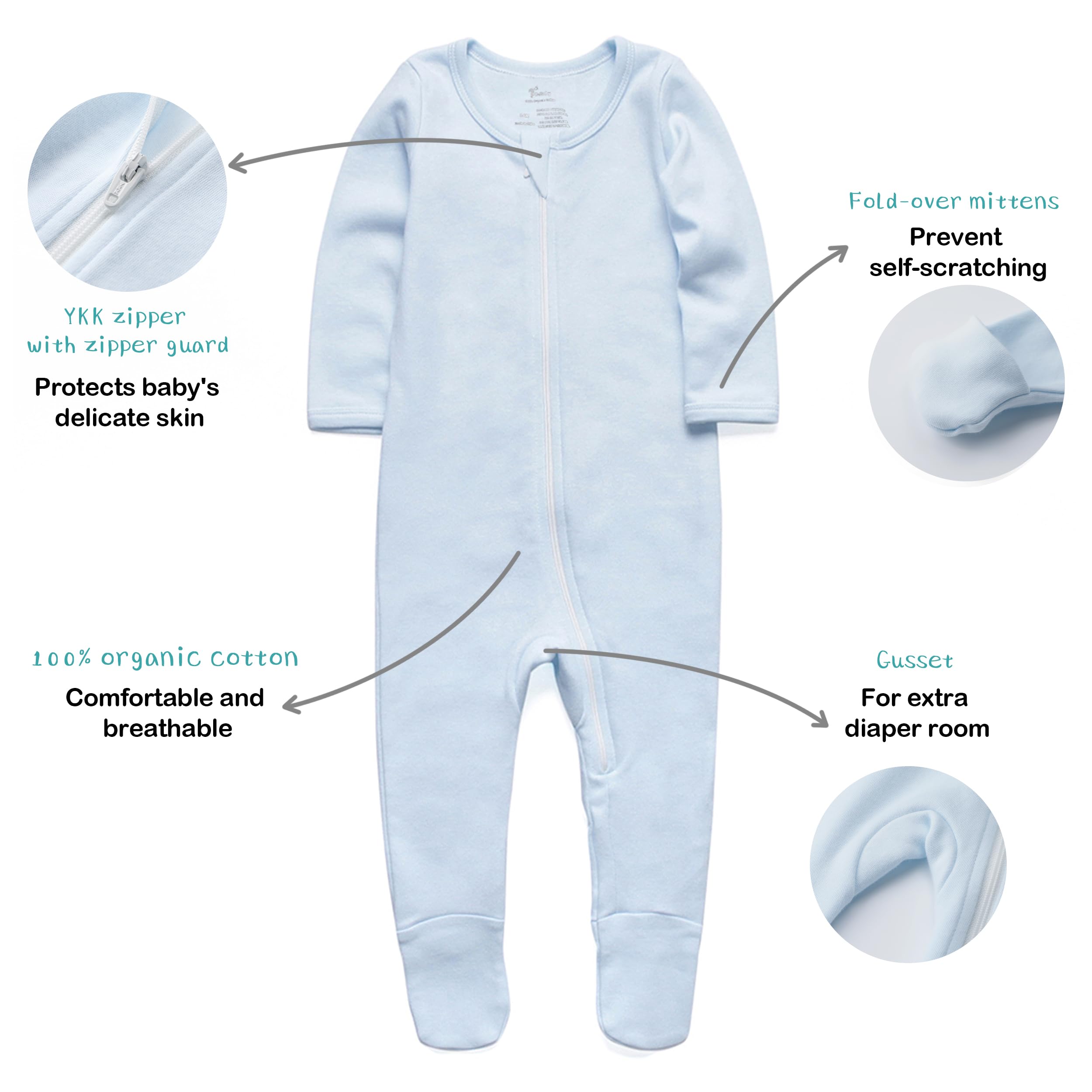 O2 BABY Baby Boys Girls Organic Cotton Zip Front Sleeper Pajamas, Footed Sleep 'n Play（6-12Months, Blue）