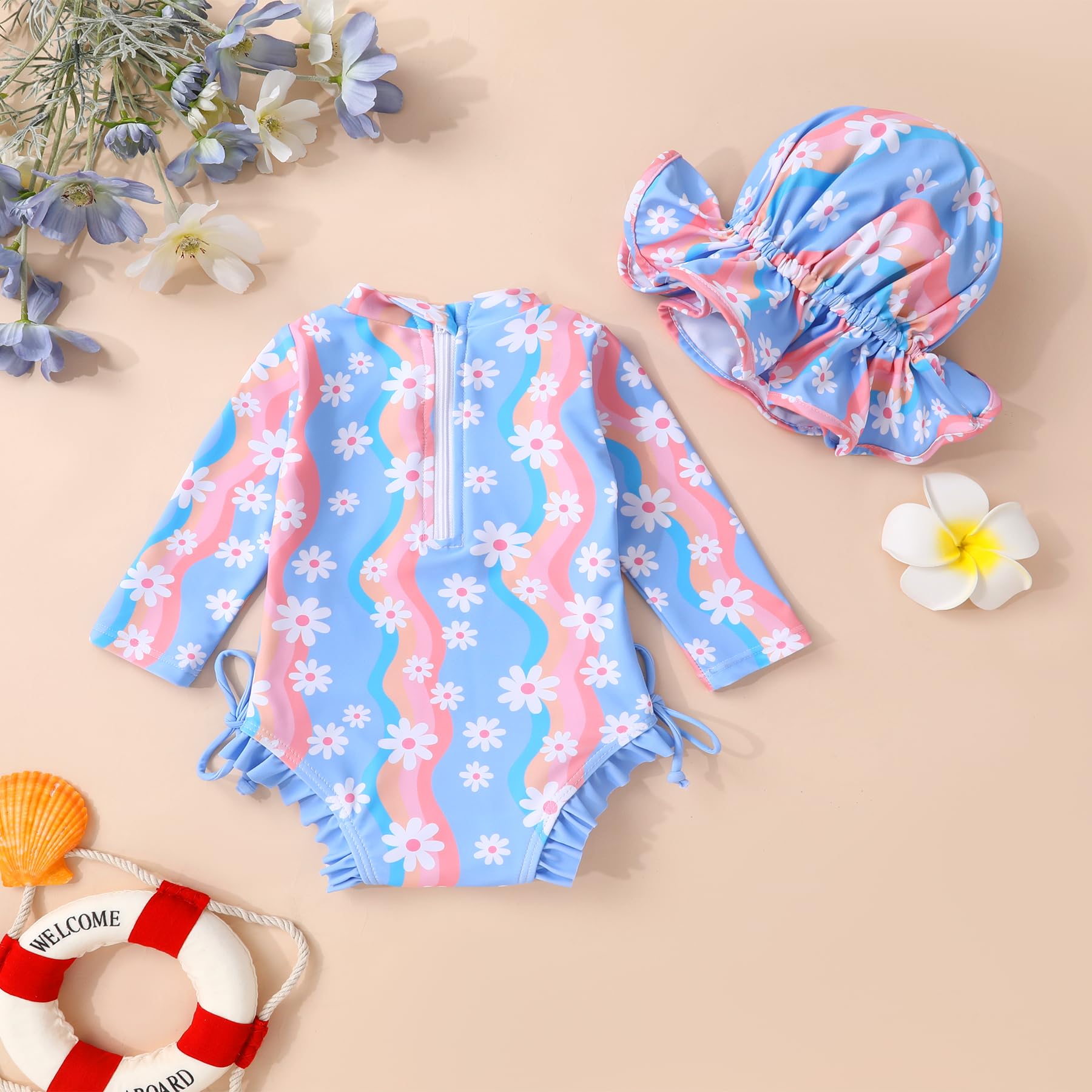 Infant Baby Girl Swimsuit One-Piece Long Sleeve Rash Guard with Hat Set Floral Zipper Bathing Suit Leopard Beach Wear