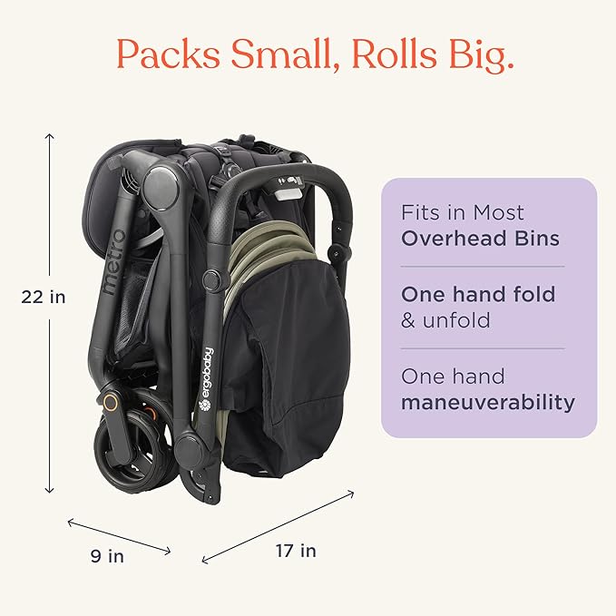 Ergobaby Metro 3 All in One Compact Baby Stroller - Foldable, Lightweight Travel Stroller - Easy One-Hand Fold for Overhead Airplane Storage (Carries up to 50 lbs) - Car Seat Compatible - Onyx Black