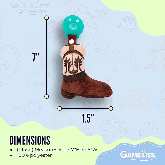 Gamezies Baby Boy and Girl Silicone Boot Plush Pacifier with Detachable Western Toy, Removable, Washable Plush Toy CPSIA Tested, BPA-Free 0-6 Months