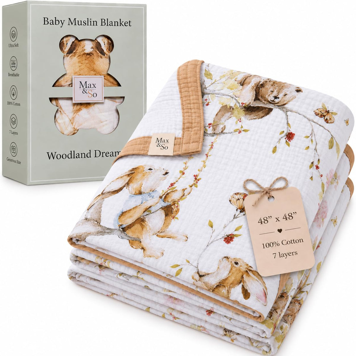 Baby Muslin Woodland Blanket – Reversible Cotton Muslin Baby Quilt, 48x48 Woodland Blanket for Newborns & Toddlers – Gender Neutral, Soft & Breathable