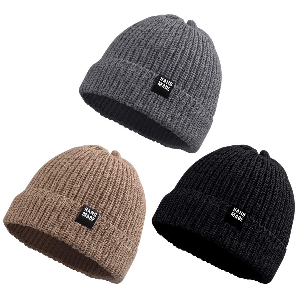 JANGANNSA Simple Knitted Baby Beanie Hip-Hop Boys Winter Hat Toddler Kids Bonnet for Girls 0-5Y (Black+Khaki+Gray, S)