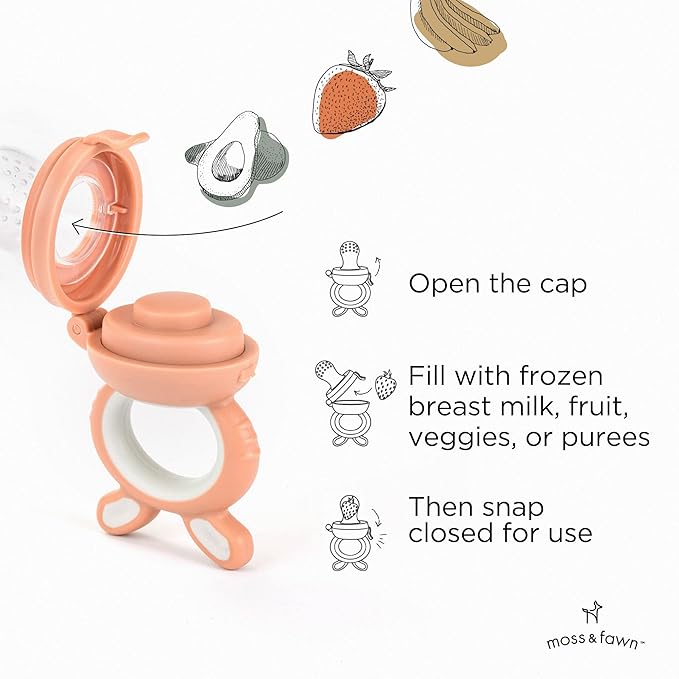 Moss and Fawn Forage Feeder - Soothing Silicone Frozen Breast Milk Popsicle & Baby Food Teething Toy, Pacifier, Fruit Feeder, & Teether - BPA, PVC & Phthalate-Free - Bloom