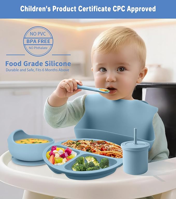 Silicone Baby Feeding Set, 10 Pcs Baby Led Weaning Supplies Baby Eating Essentials Set with Suction Bowl Divided Plate Adjustable Bib Soft Spoon Fork Cup with Lid Drinking Cup, Travel Bag (Blue)