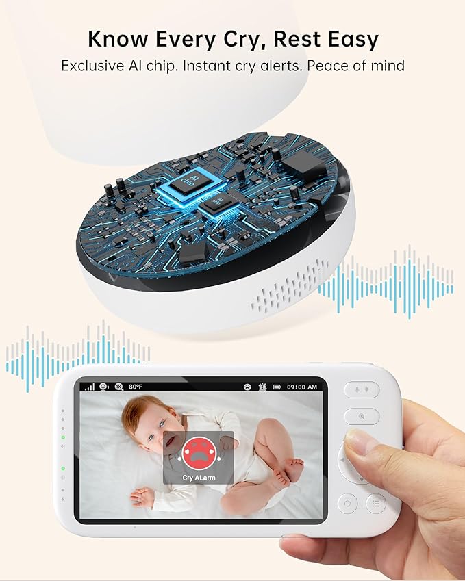Jartoo 2K Video Baby Monitor with 2 Cameras and Audio, 1860ft Long Range Baby Monitor No WiFi, 5.5" Split Display, VOX - AI Cry Detect, ANR, IR Night Vision, 2-Way Audio, 6000mAh